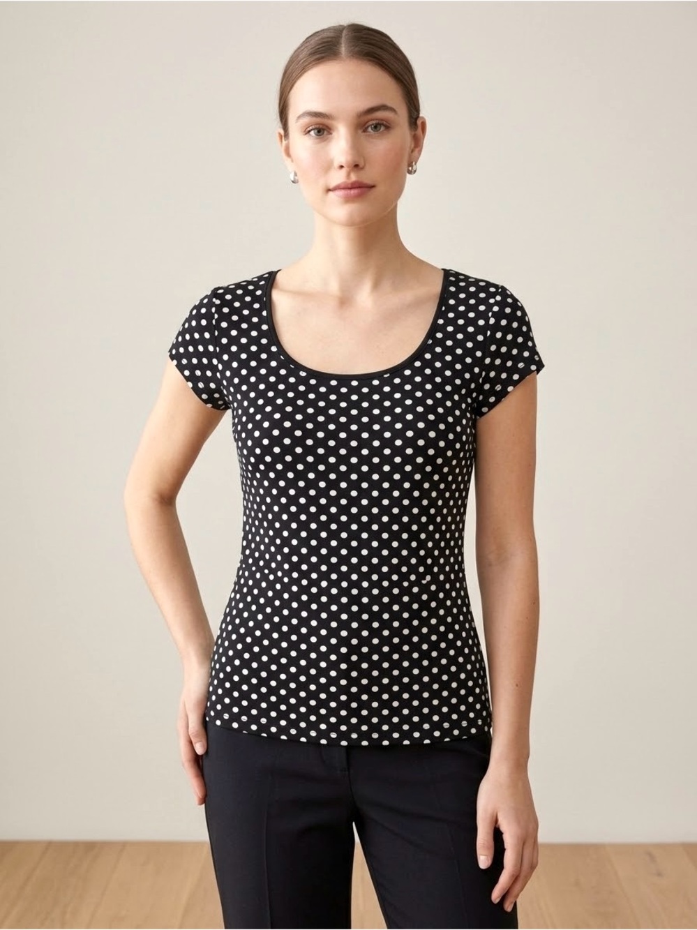 INC International Concepts Black Scoop Neck Polka Dot Tee